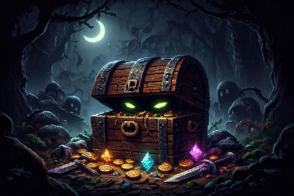 A haunted chest surrounded by treasure and shadowy spirits