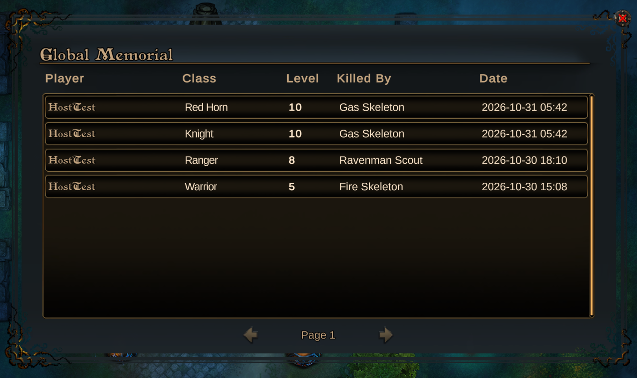Global Memorial window showing recent player deaths